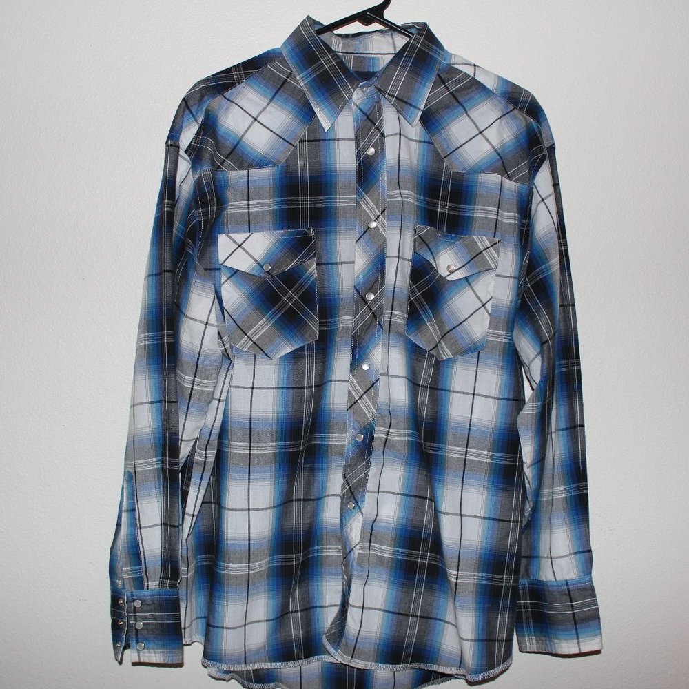 Wrangler Western Wear Long Sleeve Blue Plaid Shirt L (16.5 - 35) - Vintage